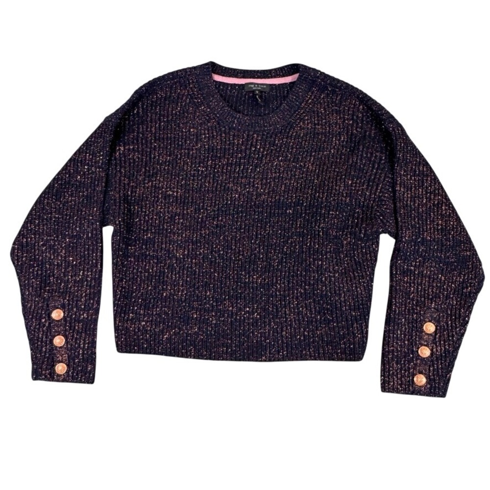 Rag & Bone Navy Metallic Merino Wool Blend Button Cuff Sweater Large
